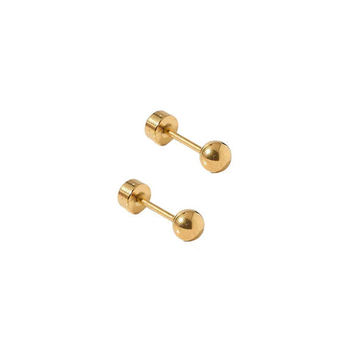 Pair of gold barbell earrings on a white background