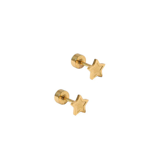 Pair of gold star-shaped earrings on a white background
