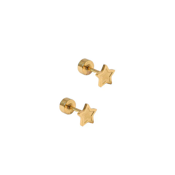 Pair of gold star-shaped earrings on a white background