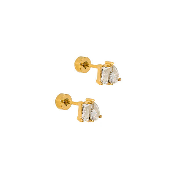 Gold earrings with clear gemstones on a white background