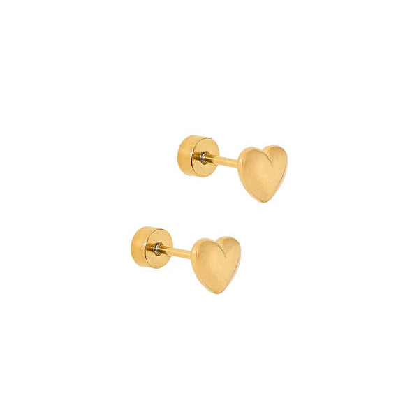 Pair of gold heart-shaped earrings on a white background