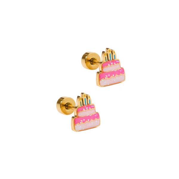 Pair of cake-shaped earrings with pink frosting and gold accents on a white background