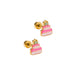 Pair of cake-shaped earrings with pink frosting and gold accents on a white background