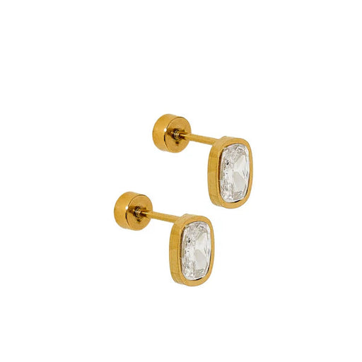 Gold stud earrings with clear gemstones on a white background