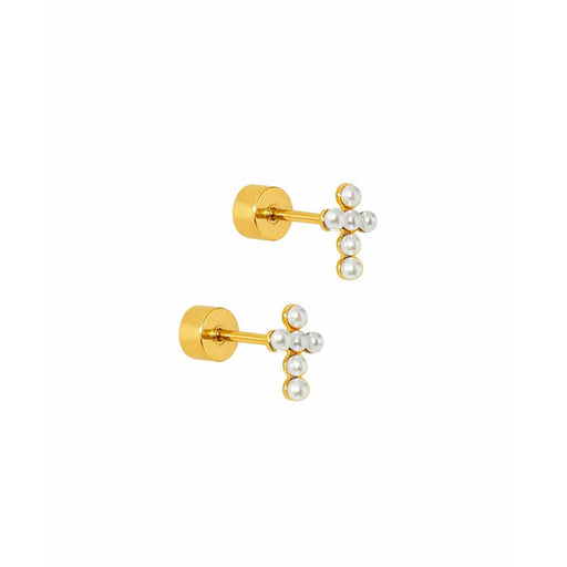 Pair of gold earrings with pearl-like beads on a white background