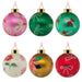 Set of six colorful Christmas ornaments with floral and candy cane designs on a white background.