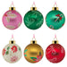 Set of six colorful Christmas ornaments with floral and candy designs on a white background.