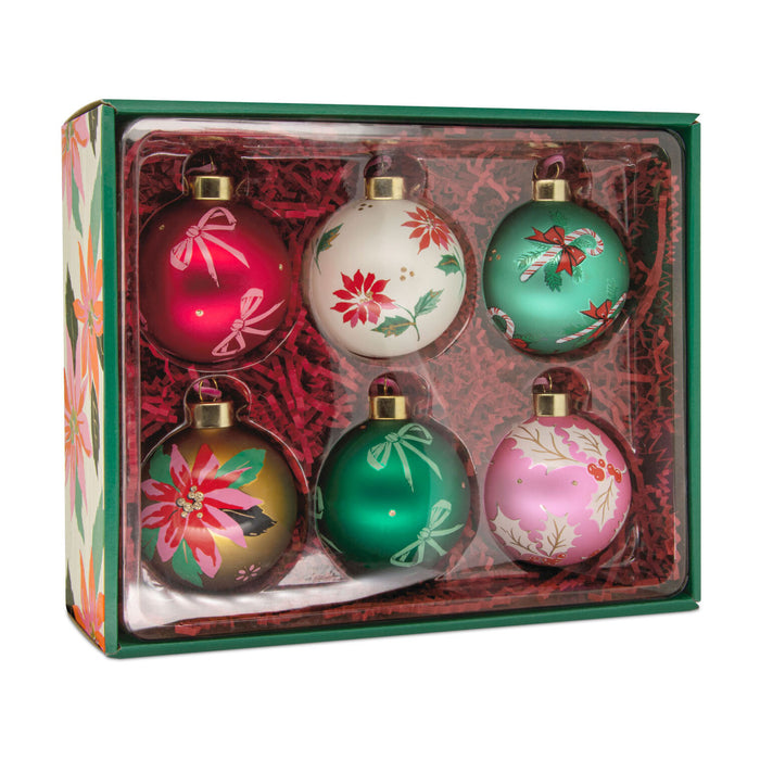 Set of six colorful Christmas ornaments in a decorative box.