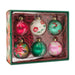 Set of six colorful Christmas ornaments in a decorative box.