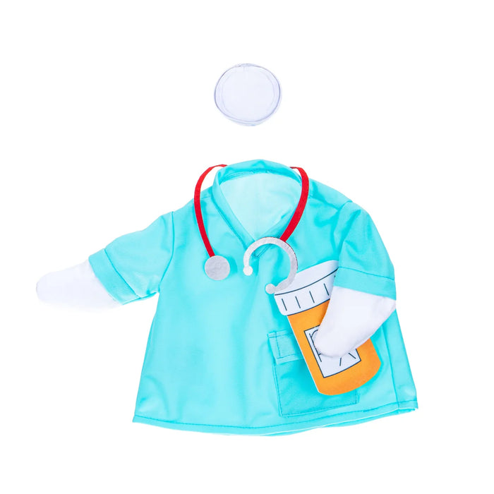 Children's doctor outfit with coat, stethoscope, and pill container on a white background