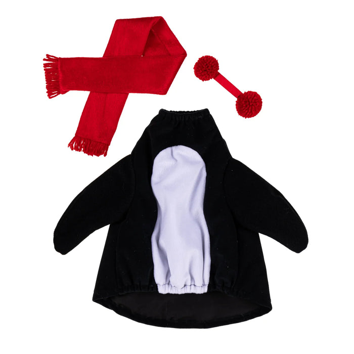 Black dog coat with white lining, red scarf, and red pom-pom hat on a white background