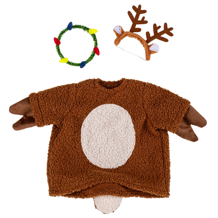 Dog costume with sweater, headband, and wreath on a white background