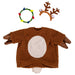 Dog costume with sweater, headband, and wreath on a white background