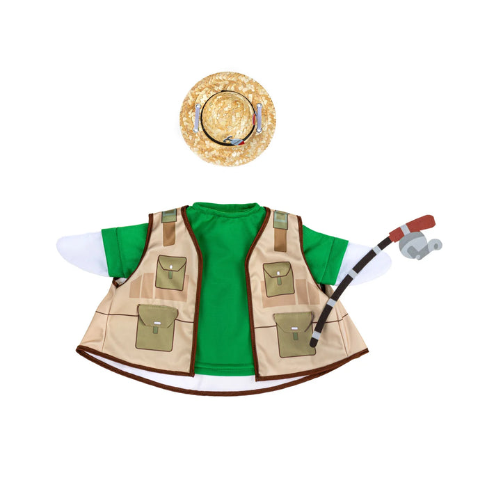 A children's safari costume set laid out on a white background, including a tan vest with green pockets over a bright green shirt, a straw hat, and a toy hose prop.