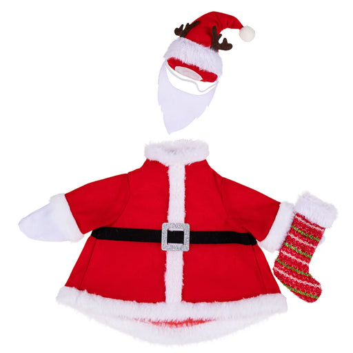 Red Santa Claus costume with hat, coat, and stocking on a white background