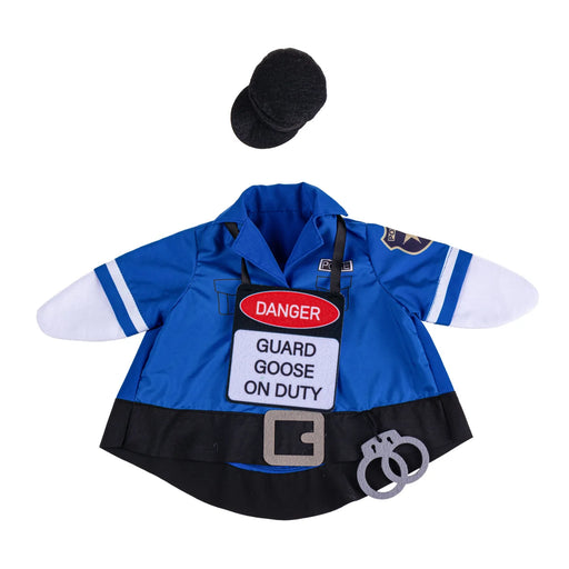 Blue costume with black hat, badge, and 'Danger' sign on a white background