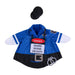 Blue costume with black hat, badge, and 'Danger' sign on a white background