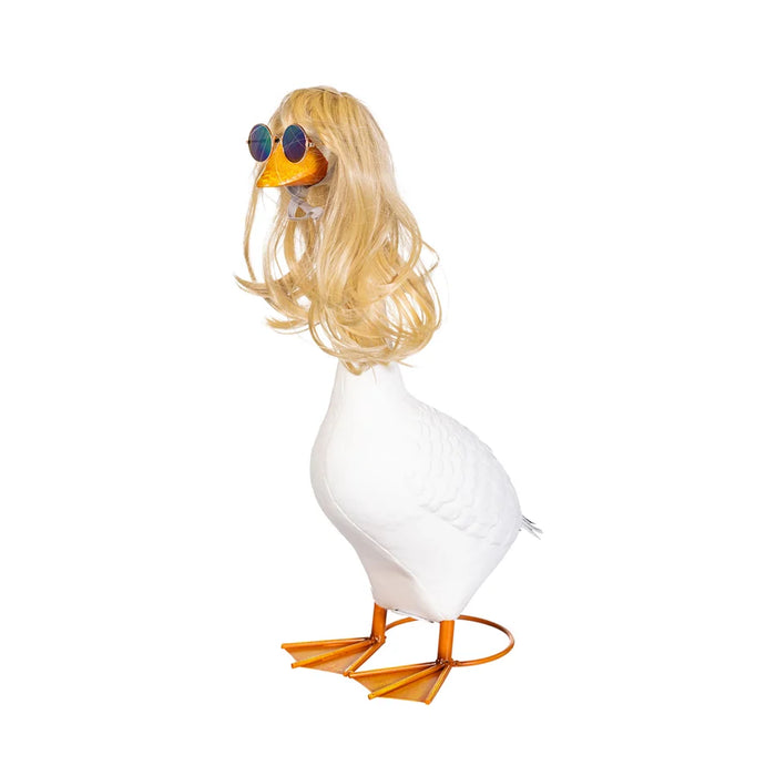 A novelty goose costume or plush toy featuring a white body, orange beak and webbed feet, and a blonde wig with small round sunglasses, isolated on a white background.