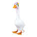 A white goose-shaped decorative figure or costume with an orange beak and orange webbed feet, a pink ribbon around the neck, and a small multicolor flower crown, isolated on a white background.