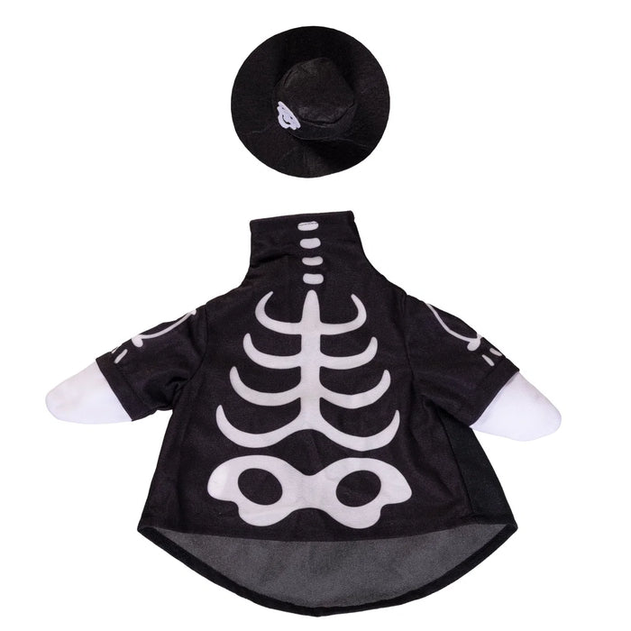 Black pet Halloween costume with skeleton design and matching hat on a white background
