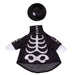 Black pet Halloween costume with skeleton design and matching hat on a white background