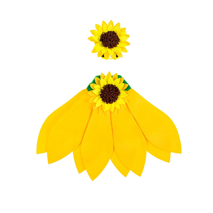 A yellow sunflower costume accessory set on a plain white background, featuring a large flower with layered yellow petals, a brown flower center, and a smaller matching flower above it.