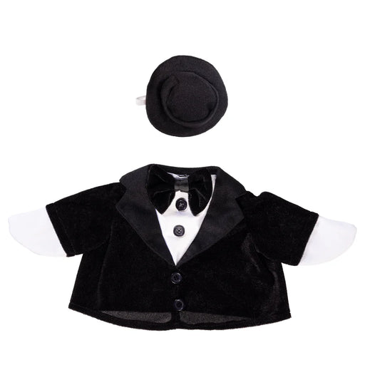 Black tuxedo with white shirt, bow tie, and top hat on a white background