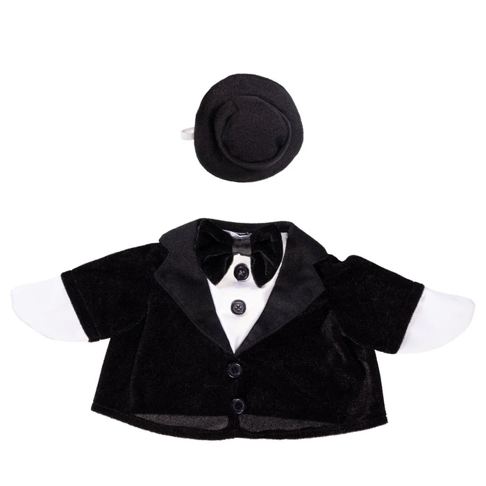 Black tuxedo with white shirt, bow tie, and top hat on a white background