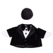 Black tuxedo with white shirt, bow tie, and top hat on a white background