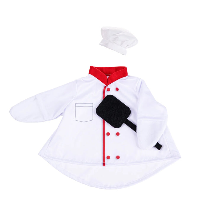 A children's chef costume set featuring a white long-sleeve jacket with red trim, red buttons, a chest pocket, a black felt cooking pan prop, and a matching white chef hat, displayed on a clean white background.