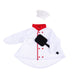 A children's chef costume set featuring a white long-sleeve jacket with red trim, red buttons, a chest pocket, a black felt cooking pan prop, and a matching white chef hat, displayed on a clean white background.