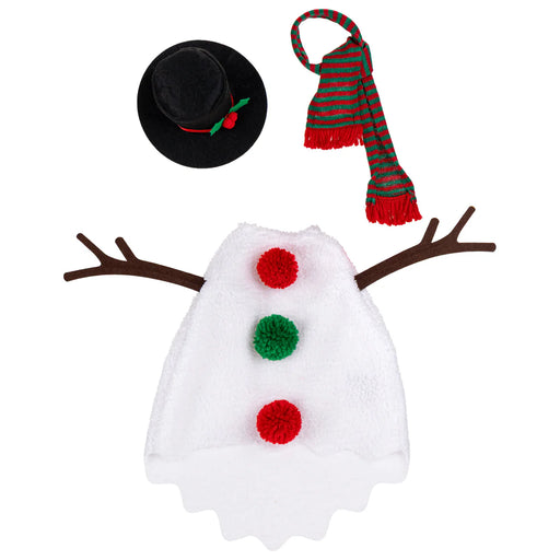 Dog costume shaped like a snowman with a black hat and red and green striped scarf on a white background