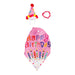 Birthday-themed balloon with colorful candles, a party hat, and a headband on a white background