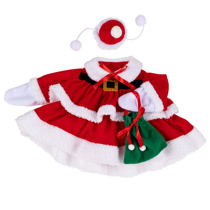 Red and white Christmas costume with green bag and hat on a white background