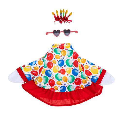 Colorful dress with balloon pattern, headband, and sunglasses on a white background