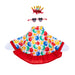 Colorful dress with balloon pattern, headband, and sunglasses on a white background