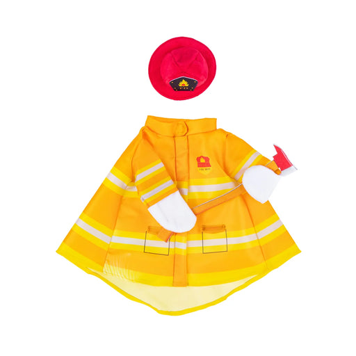 A firefighter costume set displayed on a plain white background, including a yellow raincoat with reflective stripes, a red firefighter hat, white mittens, and a small red-and-white tool.