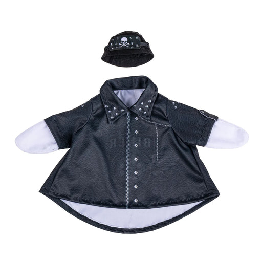 Black denim outfit with white shirt and hat on a white background