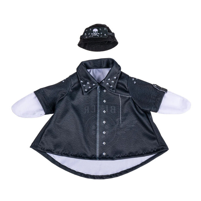 Black denim outfit with white shirt and hat on a white background