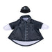 Black denim outfit with white shirt and hat on a white background