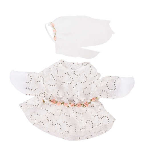 White dress with floral details and matching hat on a white background