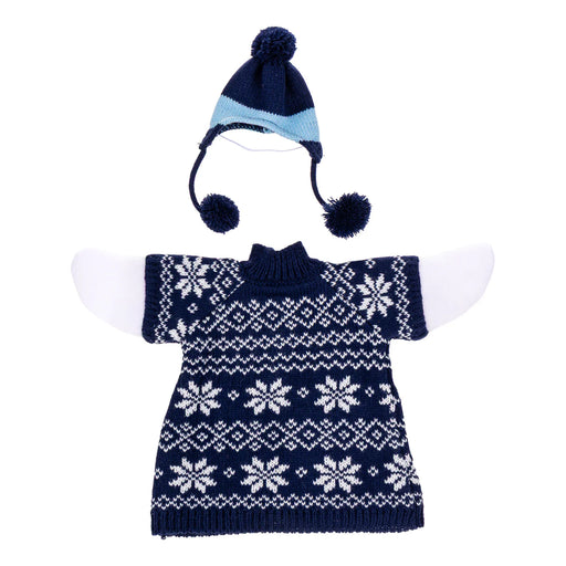 A baby doll or pet knit outfit set featuring a navy blue sweater with white snowflake patterns and white wings, paired with a matching navy and light blue knit hat with pom-poms, on a solid white background.