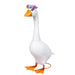 White goose figurine with a colorful flower crown on a white background