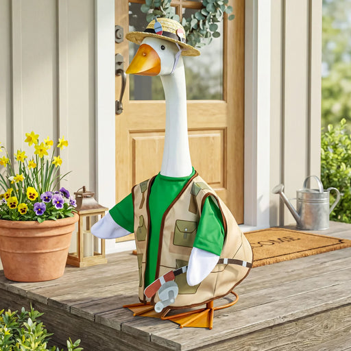 Decorative goose statue wearing a hat and vest on a wooden porch.