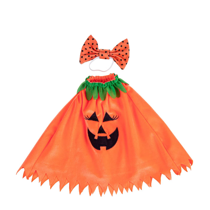 Halloween-themed costume with orange skirt, green leaves, and bow tie on a white background