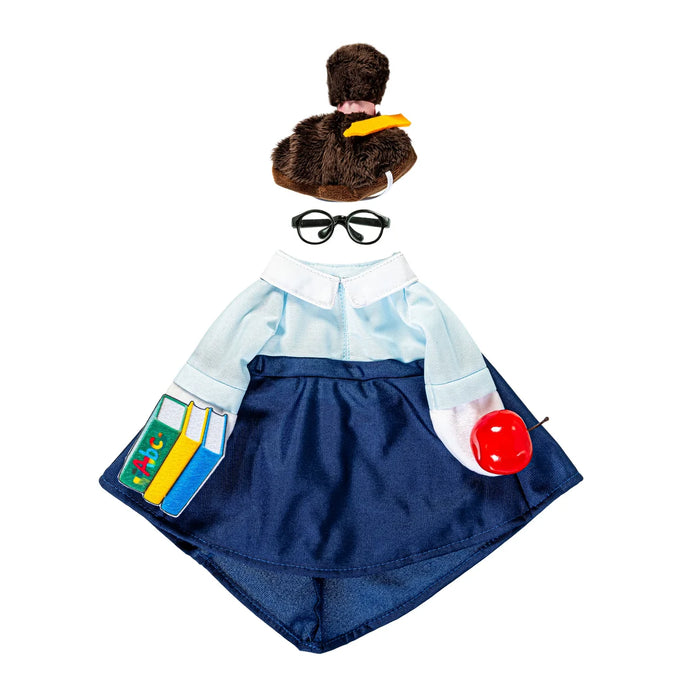 Costume with shirt, skirt, hat, glasses, and apple on a white background