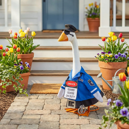 A decorative goose garden statue dressed as a police officer stands on a stone walkway in front of a house. The goose has a white neck, yellow beak, black hat and sunglasses, a blue uniform with white stripes, and an orange scorpion tail.