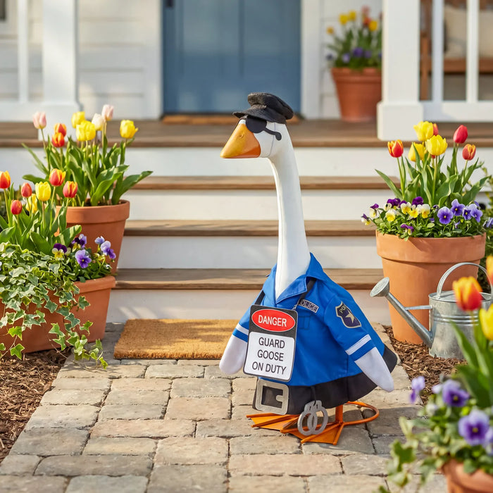 A decorative goose garden statue dressed as a police officer stands on a stone walkway in front of a house. The goose has a white neck, yellow beak, black hat and sunglasses, a blue uniform with white stripes, and an orange scorpion tail.