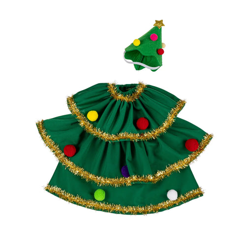Green Christmas tree-themed pet costume with colorful decorations on a white background