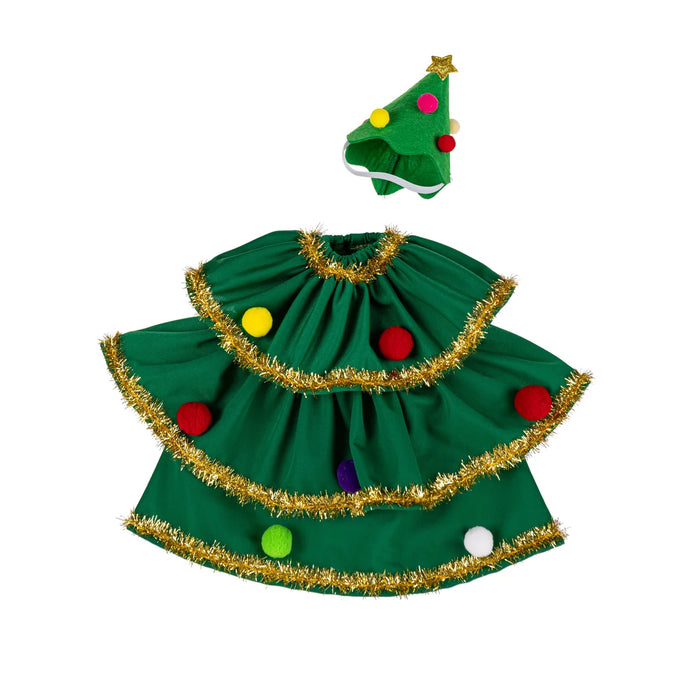 Green Christmas tree-themed pet costume with colorful decorations on a white background